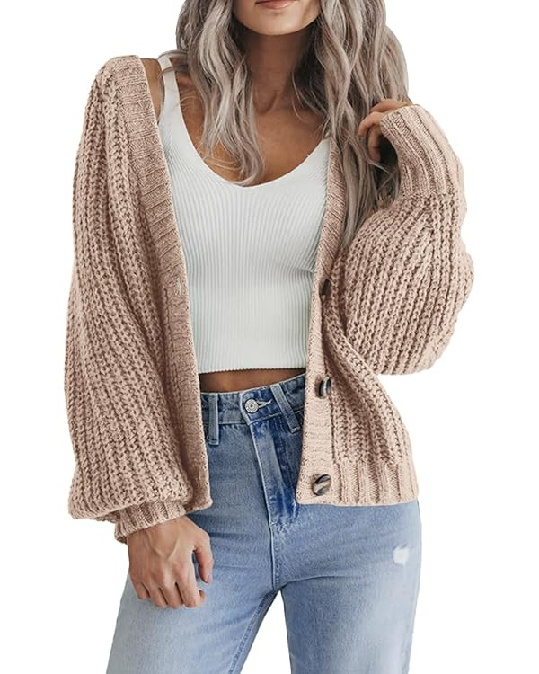 Zeagoo Women's 2024 Fall Chunky Knit Cardigans Open Front Long Sleeve V Neck Button Loose Cardiga... | Amazon (US)