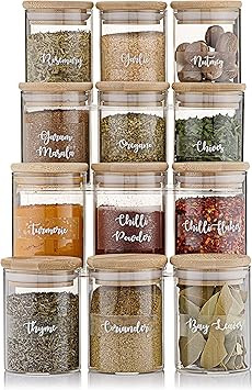 Glass Spice Storage Jars with Bamboo Wood Lids 150ml Set of 12 with 'Mrs Hinch' Style Cursive Fon... | Amazon (UK)