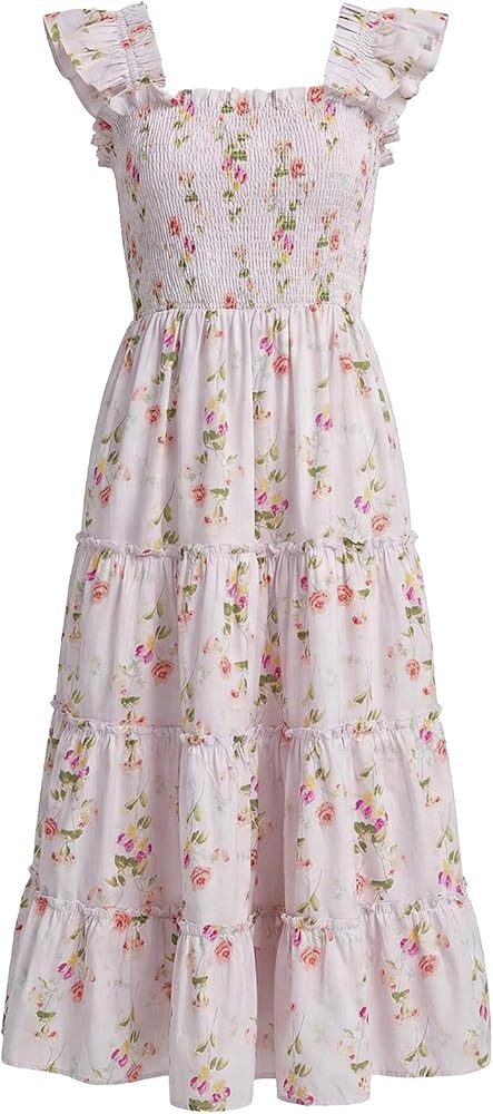Ladyful Women's Floral Midi Dress Smocked Square Neck Boho Sleeveless Ruffle Strap Beach A-Line F... | Amazon (US)