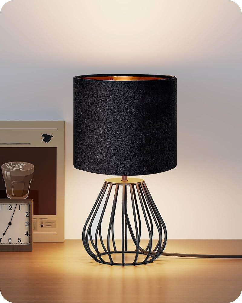 Black Table Lamp,12.6" Small Bedside Lamp, Velvet Lampshade | Amazon (US)