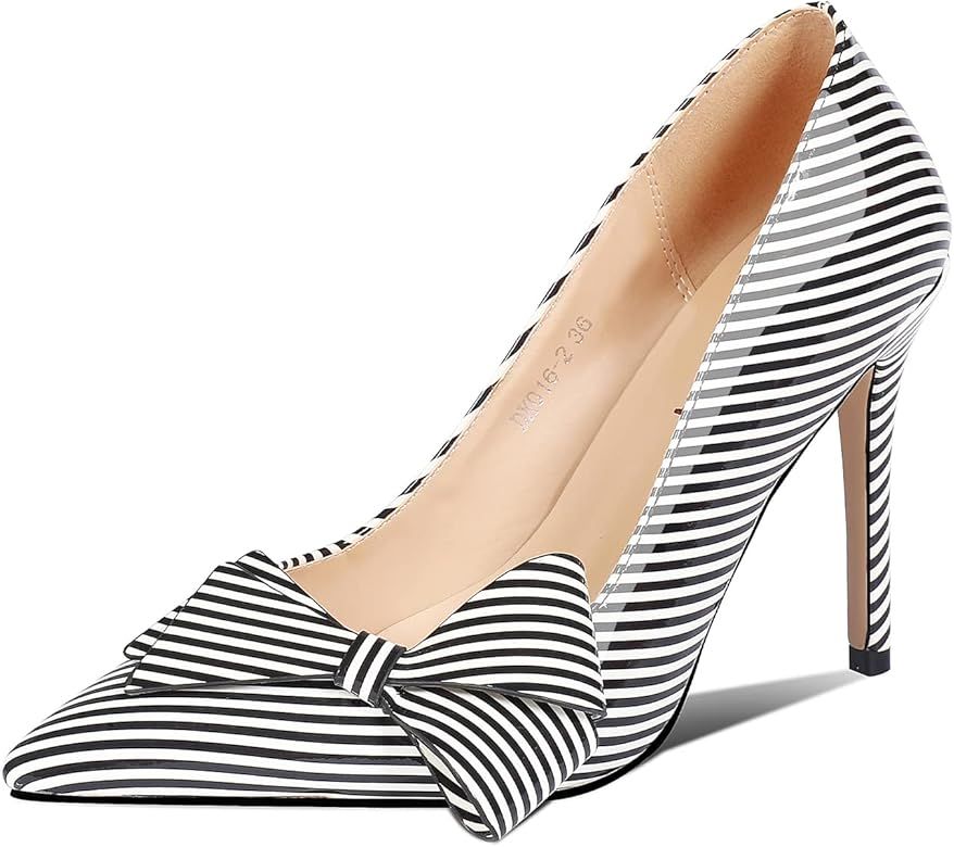 ISNOM Stilleto High Heels with Bow Pumps for Women Sexy Pointed Toe Fashion Stripe Pump Shoes for Fe | Amazon (US)