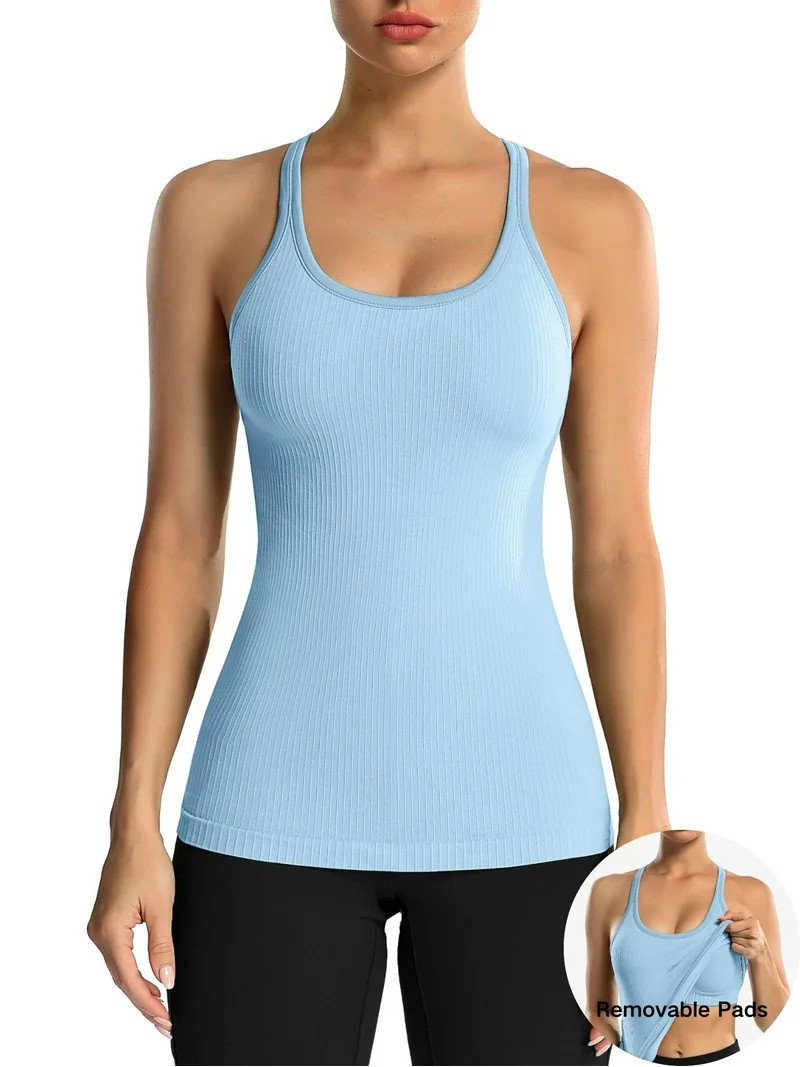 ANFERRY Women's Ribbed Workout Tank Tops with Built in Bra Racerback Athletic Top | Walmart (US)