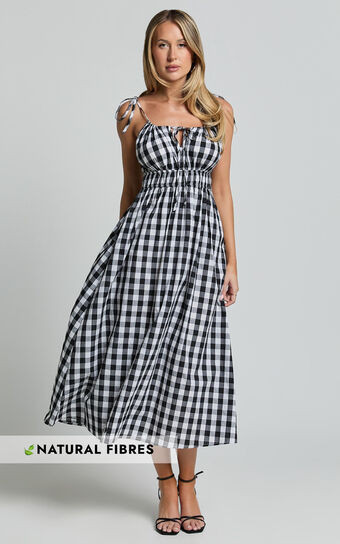 Vela Midi Dress - Strappy Tie Shoulder Elasticated Waist Dress in Black and White Gingham | Showpo (US, UK & Europe)