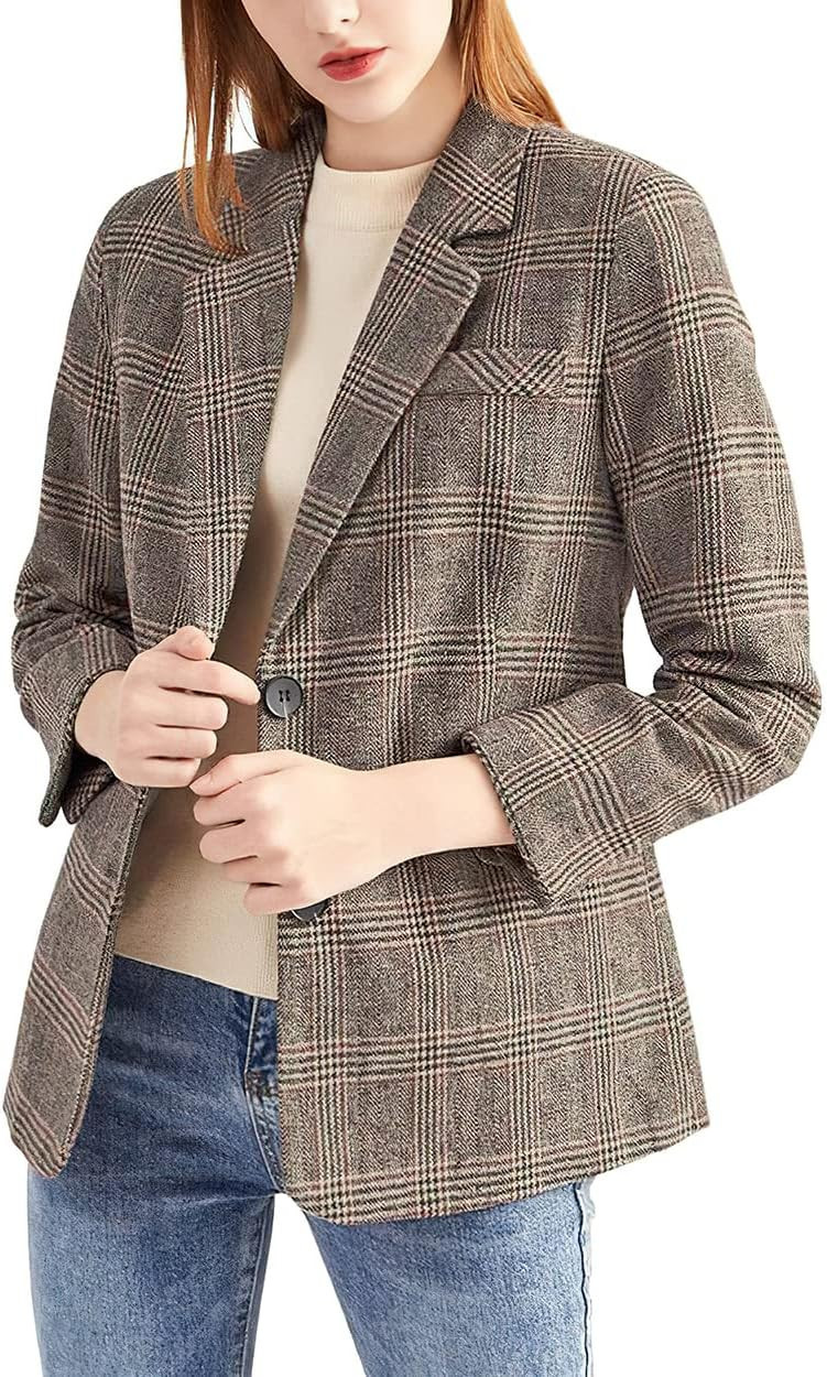 ebossy Women's Notch Lapel 2 Button Boyfriend Blazer Suit Houndstooth Plaid Jacket Coat | Amazon (US)