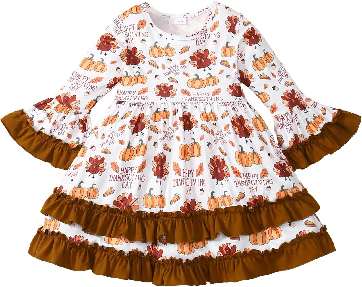 Little Girl Thanksgiving/Christmas Dress Pumpkin/Turkey/Santa Outfit Flared Sleeve Ruffled Dresse... | Amazon (US)