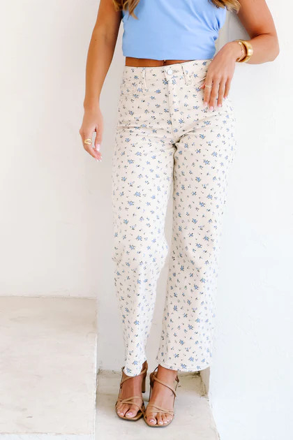 Just Black Flower Print High Rise Vintage Straight Jean | The Willow Tree