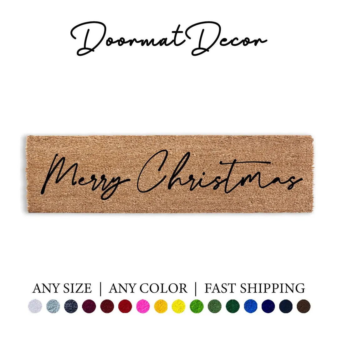 Merry Christmas Script Font Doormat, Holiday Decor Door Mat, Flocked Coir Welcome Mat, Outdoor En... | Etsy (US)