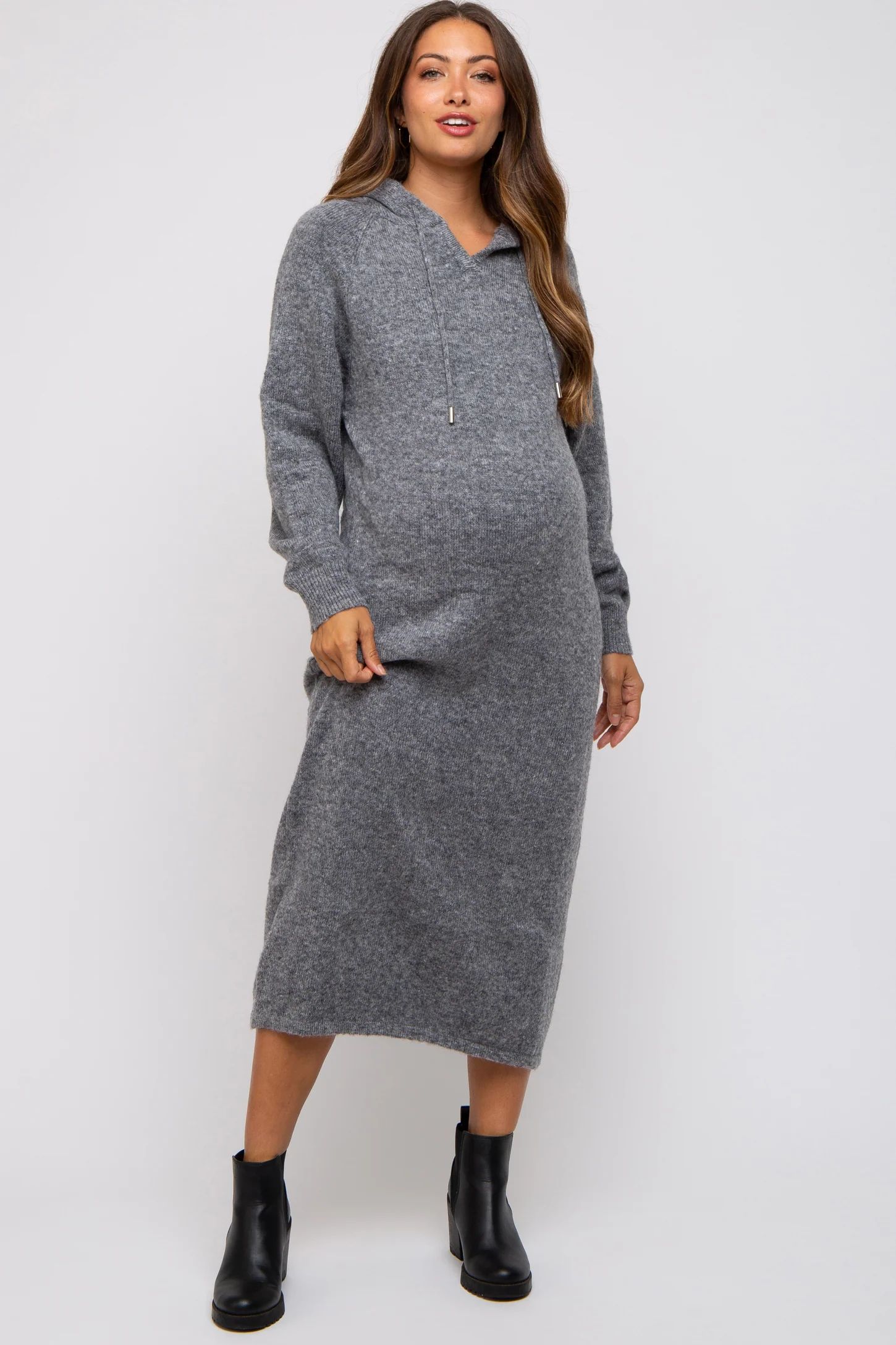 Charcoal Grey Hooded Maternity Sweater Midi Dress | PinkBlush Maternity