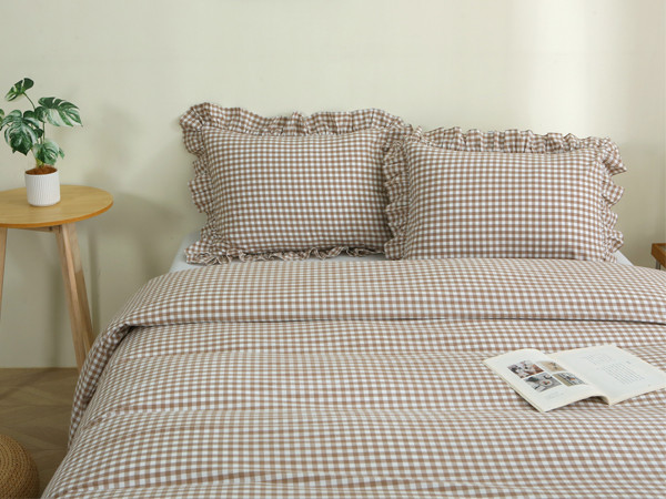 Silnuo Taupe/White Plaid Ruffle Duvet Cover Queen Size,100% Washed Cotton 3 Pcs Vintage Checkered Chic Gingham Bedding Set Comforter Cover Set | Amazon (US)