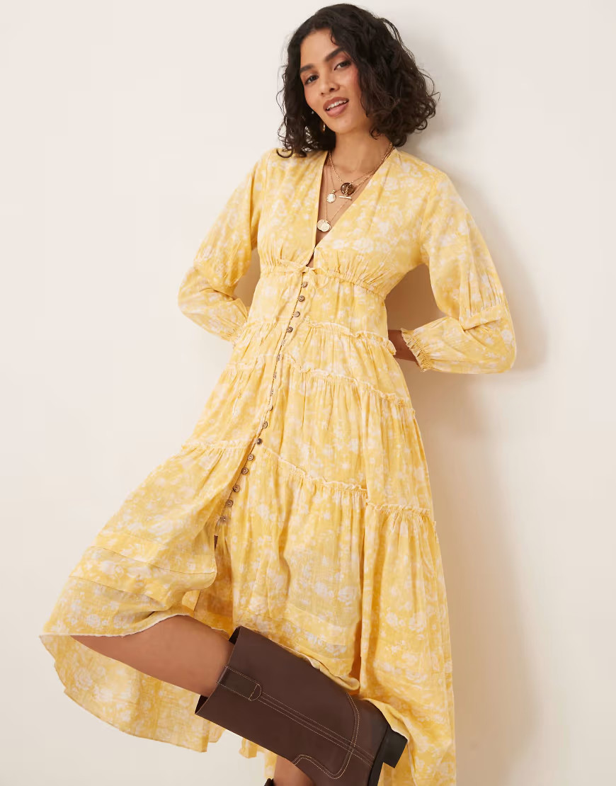 Free People pappiet chintzy floral button midi dress in sunshine yellow | ASOS (Global)