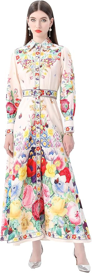 LAI MENG FIVE CATS Women's Vintage Floral Print Belt Maxi Dress Flowy Casual Button Up Split Long... | Amazon (US)
