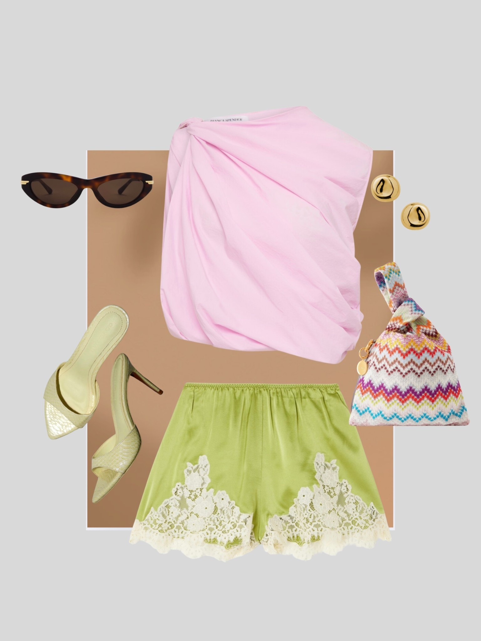 Spring summer outfit ideas. Love a good play on comor with these green lace shorts and link bubble top. Color always calls for Missoni, adore this bag!

#LTKOver40 #LTKSeasonal #LTKSpringSale