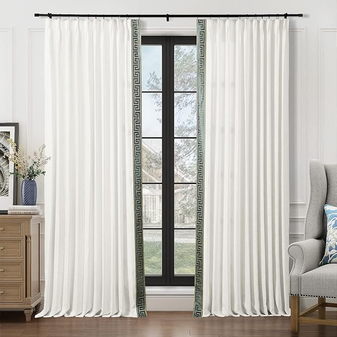 TWOPAGES Ivory White Linen Curtain Customizable Pinch Pleat Curtain with Trim Light Filtering Dra... | Amazon (US)