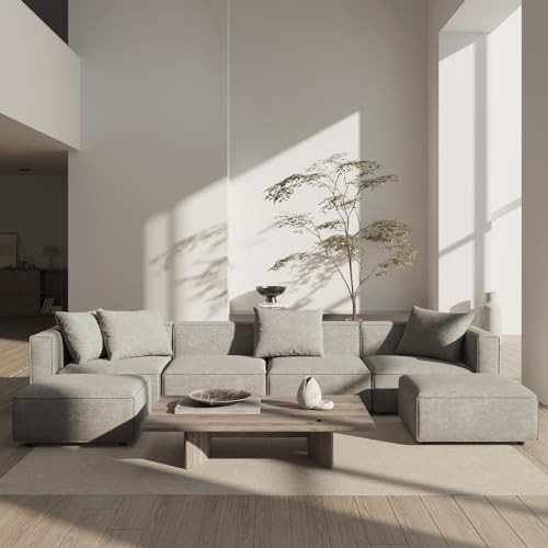 Acanva Luxury Modular Sectional Couch with Moveable Ottoman and Chaise, Modern Minimalist Style Sofa for Living Room, Apartments, U-Shape, Chenille Grey | Amazon (US)