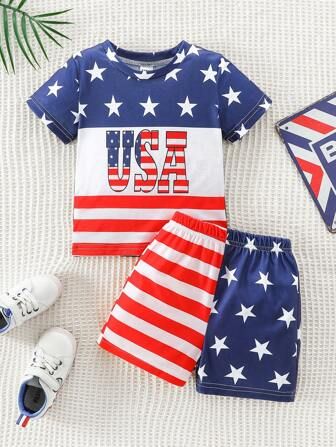 Baby Boy American Flag & Star Letter Print Short Sleeve Top And Shorts For Summer | SHEIN