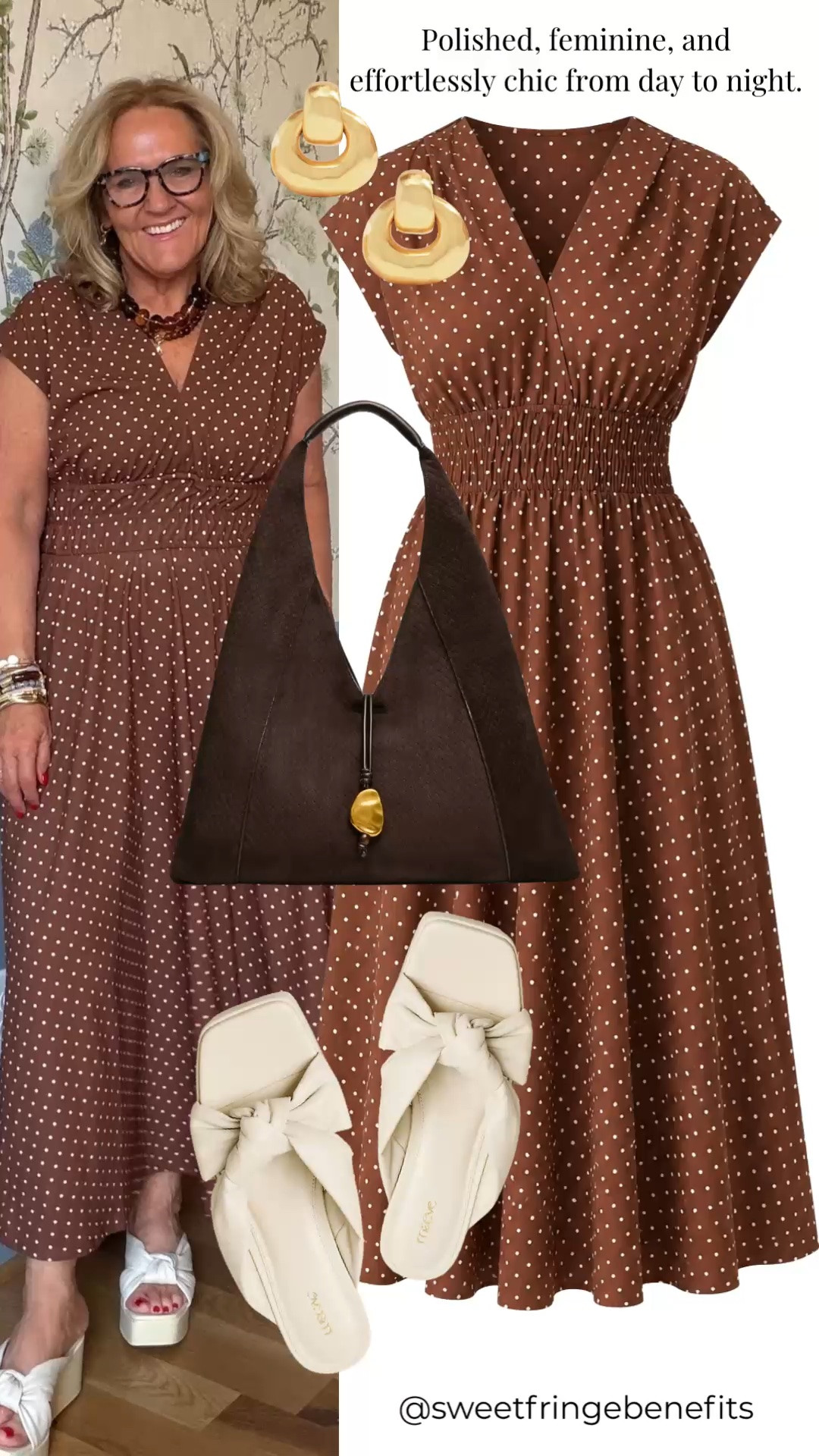 This chocolate brown polka-dot midi dress is feminine, flattering, and easy to dress up or down. The defined waist gives it beautiful shape, while the cream bow slides add a soft, polished finish.

💡 LTK MADE EASY
❤️ Heart = Support my posts!
🔖 Save = Get sale & restock alerts
📋 Lists = Keep favorites organized
📲 Share = Send lists and products to a friend. Hello, Christmas List!
💬 Comment = Ask me anything about what I'm wearing.:-)

#LTKdayinmylife #LTKgrwm #LTKootd
