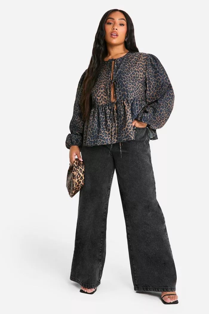 Plus Tie Front Leopard Long Sleeve Smock | boohoo (US & Canada)