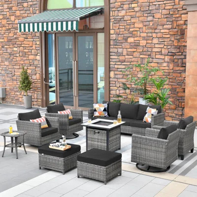 Harbin 7-Person Wicker/Rattan Patio Conversation Set With Cushions With Fire Pit | Wayfair North America