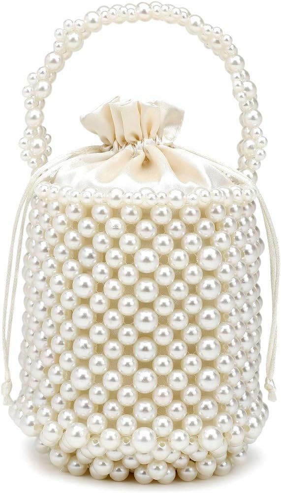 DJBM Women Handmade Beaded Handbag Bucket Handbag Pearl Clutch Bag for Party Wedding | Amazon (US)