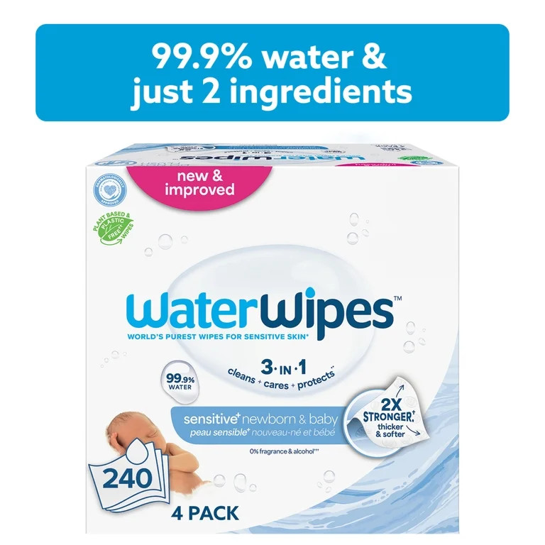 WaterWipes Sensitive Newborn & Baby Wipes, 3-In-1 Cleans, Cares, Protects, 99.9% Water, Unscented... | Walmart (US)