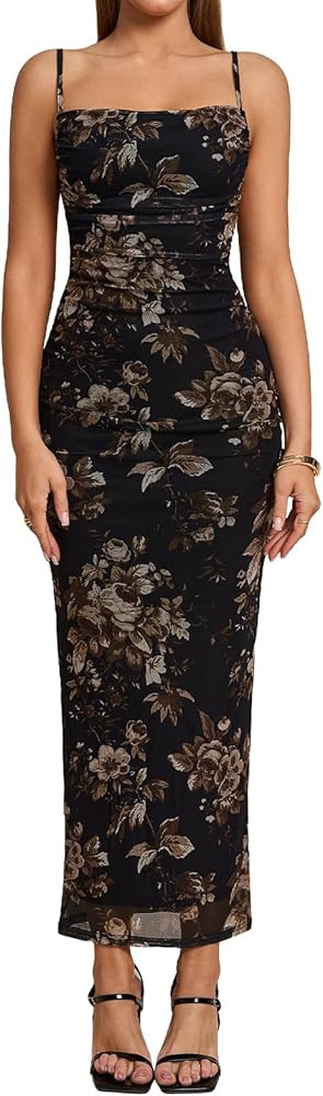 Women Floral Corset Maxi Long Dress Ruched Bodycon Long Formal Wedding Guest Dresses | Amazon (US)