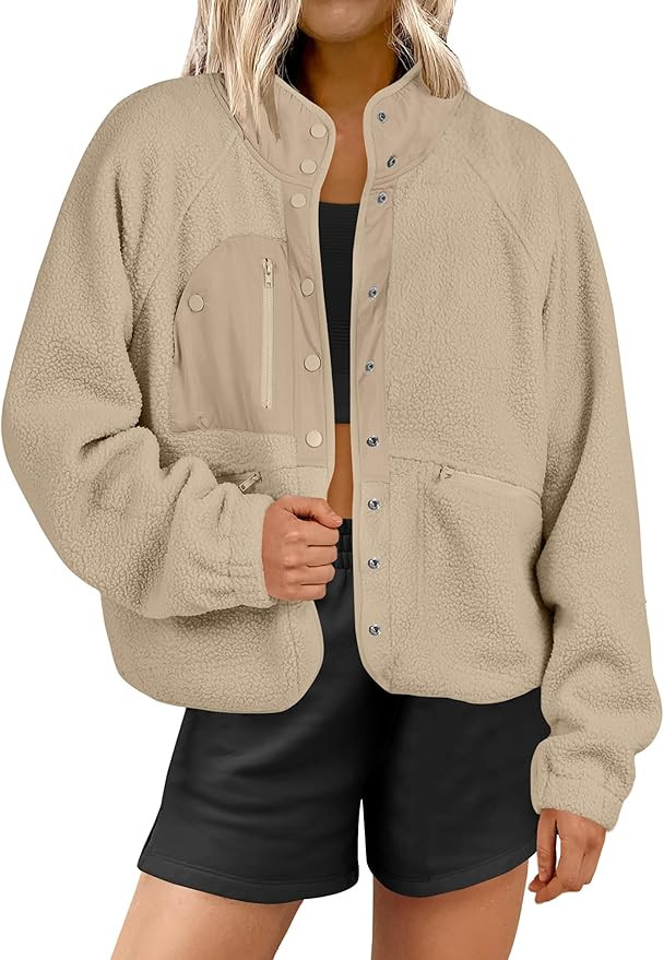 ANRABESS Womens Fuzzy Fleece Jacket Fall Casual Long Sleeve Cropped Sherpa Button Down Shacket Co... | Amazon (US)