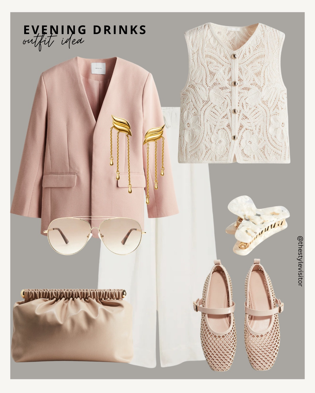 Evening Drinks Outfit Idea

Blush & cream tones with soft textures — this is how you do casual elegance for spring evenings. ✨
Hit the 🖤 to save this look & come back later to shop your faves!

Keywords:
pink tailored blazer, crochet vest, cream wide leg trousers, neutral clutch bag, nude woven ballet flats, gold drop earrings, pearl hair clip, spring evening outfit, pastel neutral look, soft spring outfit, blush layering pieces, lightweight spring blazer, textured fashion pieces, elevated casual style, neutral outfit for drinks, feminine outfit inspo, capsule wardrobe edit, spring layers outfit, resort chic look, cream and blush outfit

#LTKStyleTip #LTKSeasonal