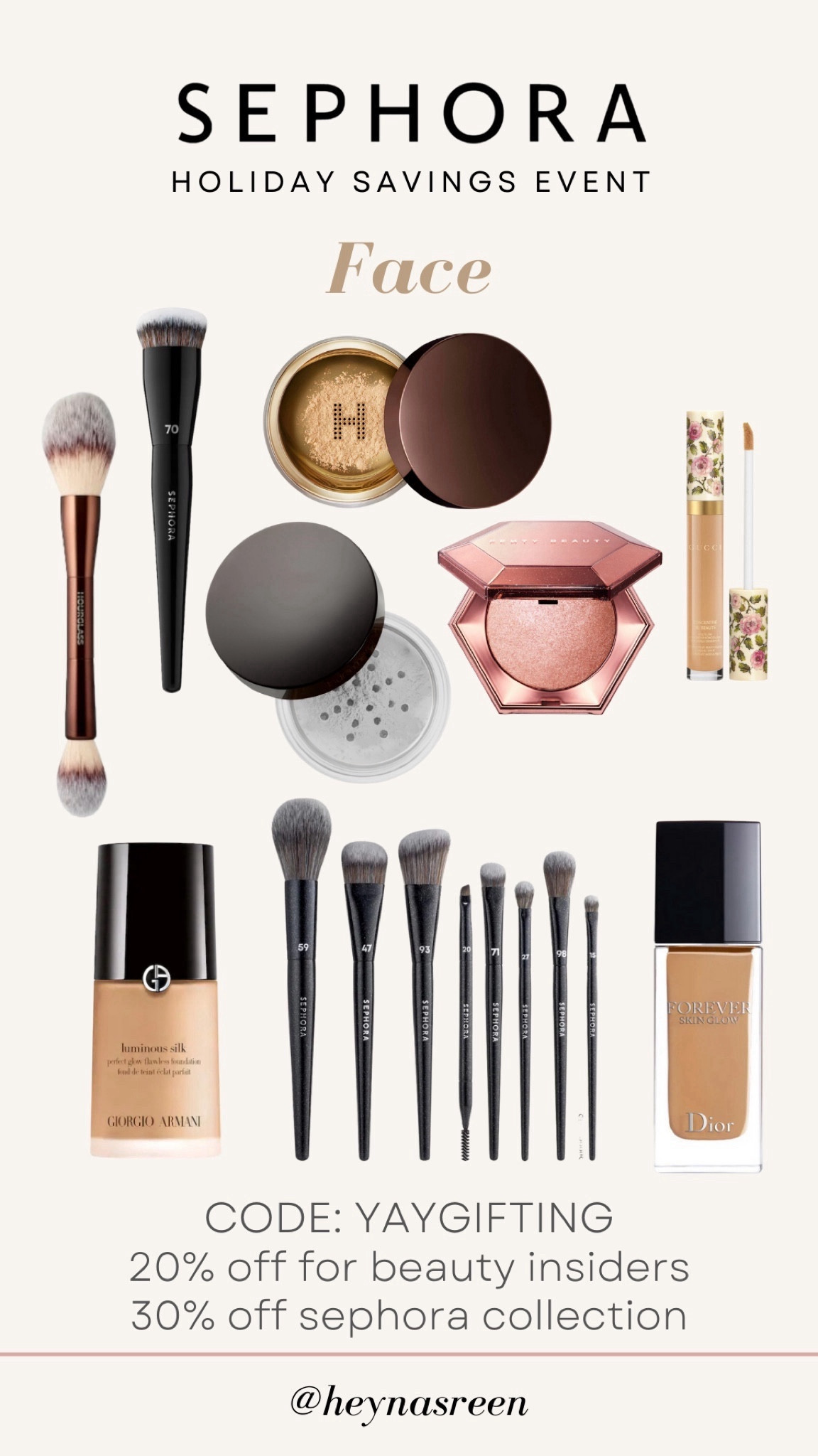 Hourglass powder brush, Sephora fountain brush, Hourglass translucent powder, Dior Glow foundation (shade: 3WO), Laura Mercier under eye brighting powder, Armani luminous silk foundation (6.25), Gucci concealer, Rare Beauty all-over diamond veil (rose rave)

#LTKbeauty #LTKsalealert