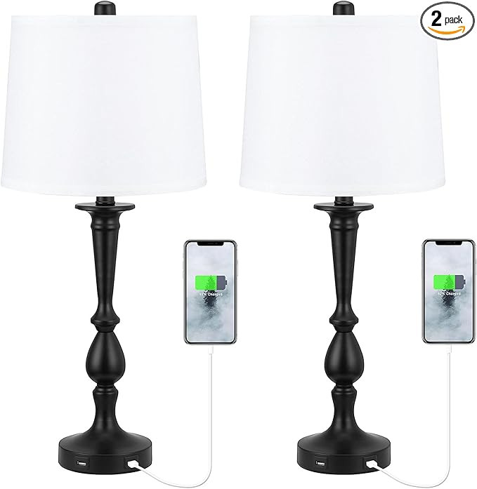 USB Table Lamp Set of 2, Modern Bedside Lamp with USB Ports, Kakanuo Nightstand Lamp Set of 2 wit... | Amazon (US)