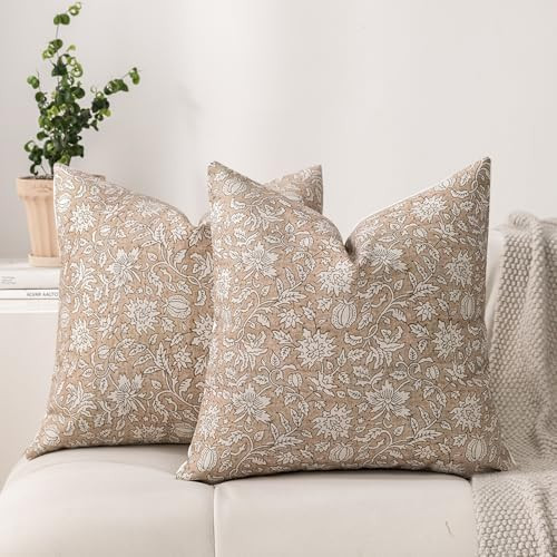 DWR Floral Throw Pillow Covers 18x18 Set of 2, Block Print Decorative Pillow Covers in Soft Taupe... | Amazon (US)