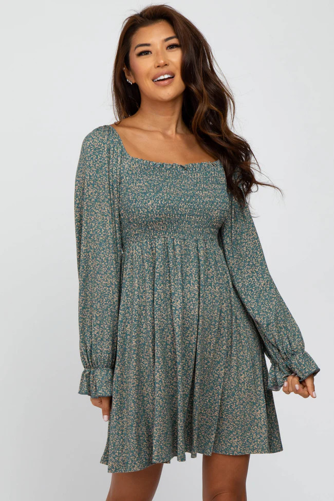 Teal Floral Smocked Peasant Sleeve Dress | PinkBlush Maternity