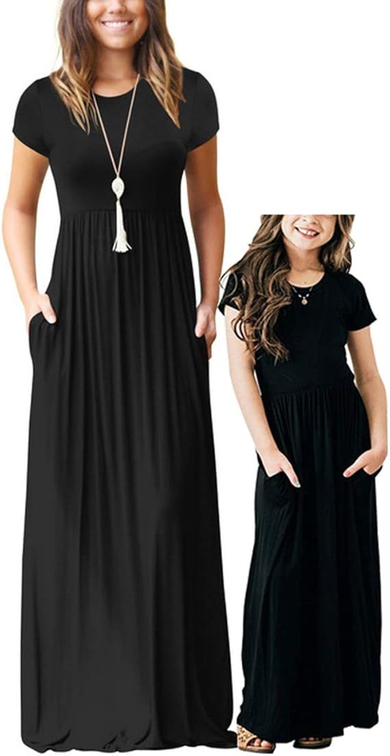Qin.Orianna Mommy and Me Short Sleeve Loose Plain Family Matching Maxi Dresses with ... | Amazon (US)