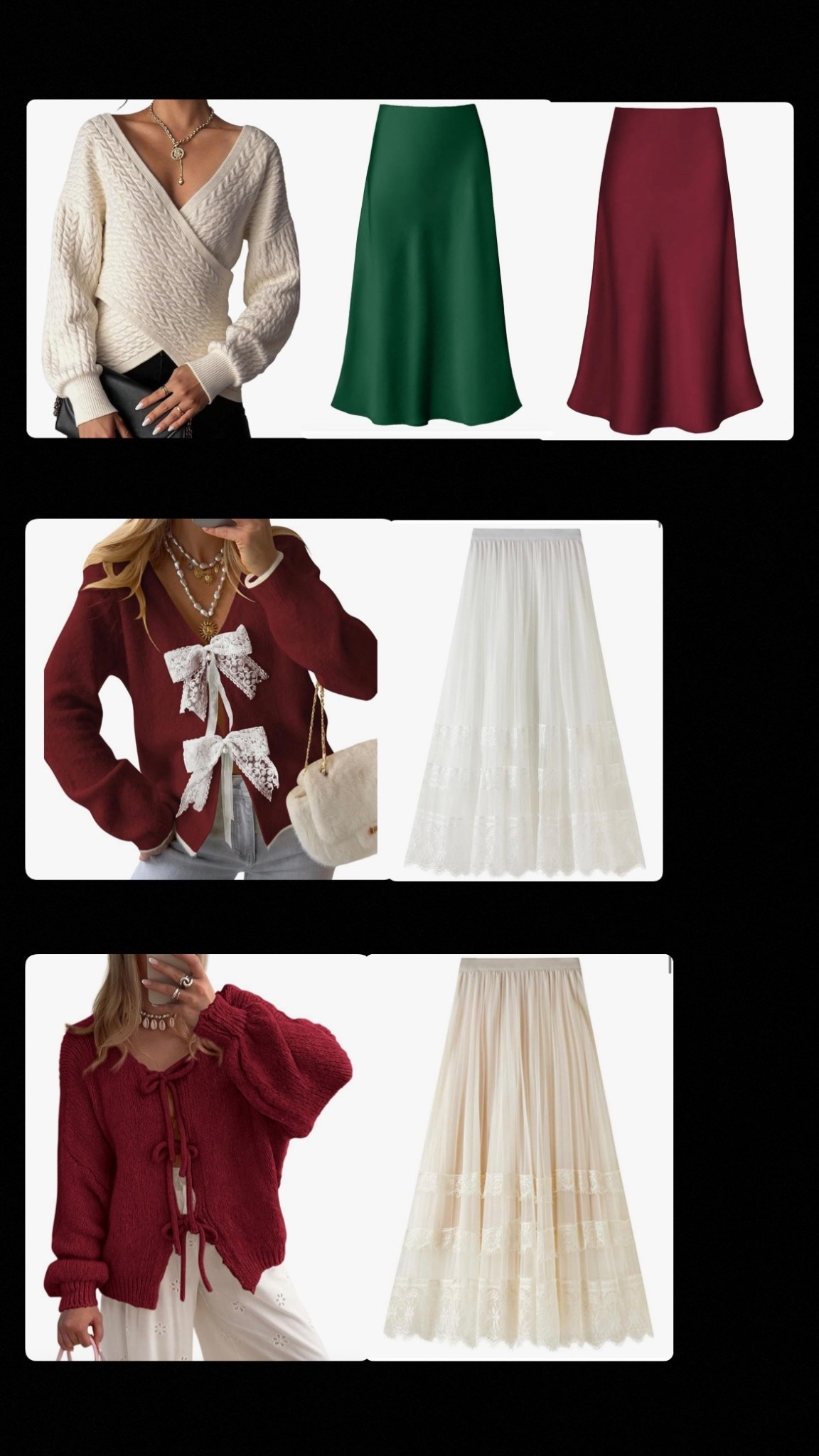 In need of a holiday outfit? These are three classy options! They’re festive yet tasteful! #xmasoutfit #holidayoutfit #christmasoutfit #familyphoto #christmas #outfitidea #easyoutfits #festiveoutfits #classyoutfits #lace #bowd #midiskirt #wrapsweater 

#LTKFindsUnder100 #LTKHoliday #LTKSeasonal