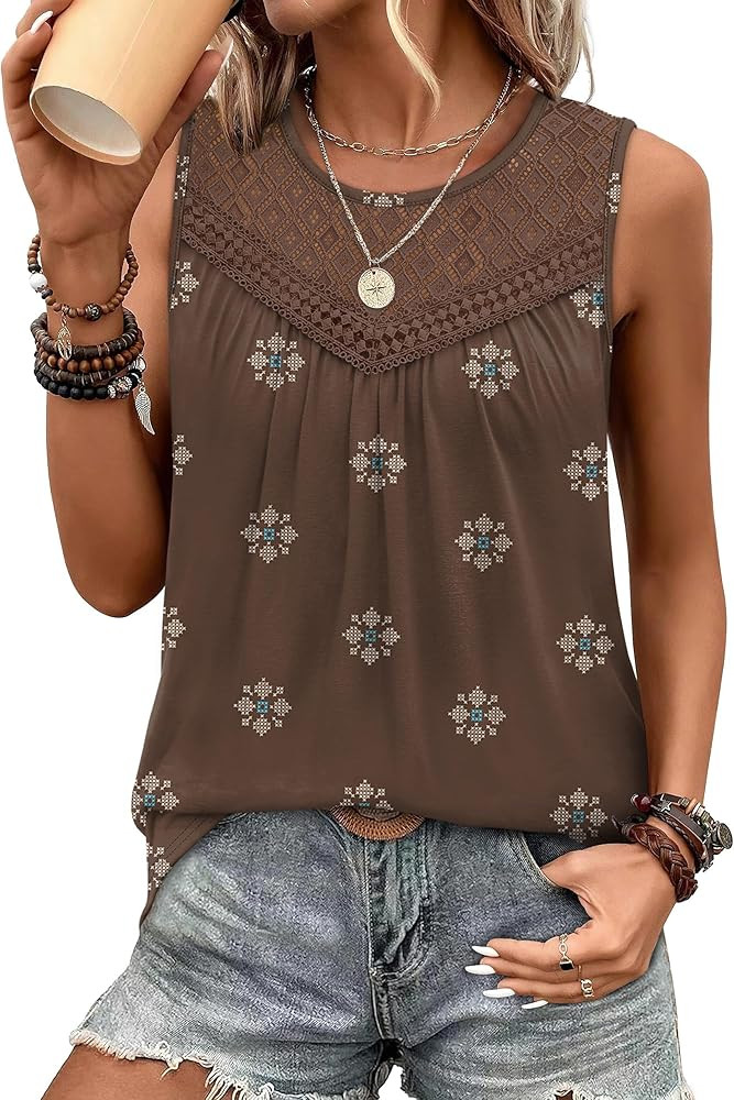 XIEERDUO Womens Tank Tops Sleeveless Lace Crochet Boho Tops Loose Fit Pleated Tunics Crewneck Sum... | Amazon (US)