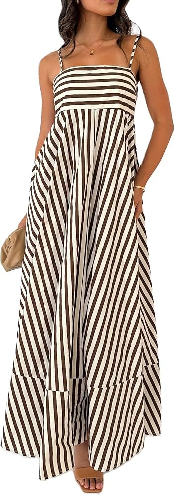 NUFIWI Women Summer Striped Maxi Dress Spaghetti Strap Cutout Ruffle Long Dress Flowy Swing Beach... | Amazon (US)