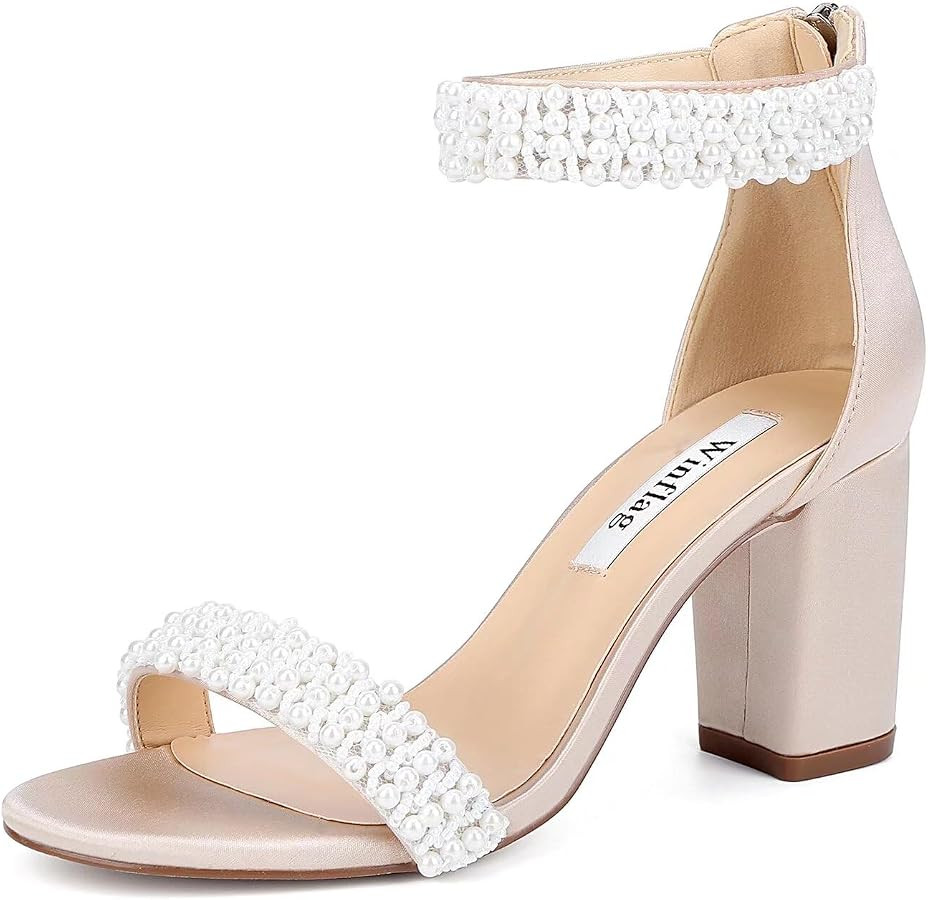 Block Heel Wedding Sandals Pearl Heels Open Toe Wedding Shoes for Bride Bridal Shoes | Amazon (US)