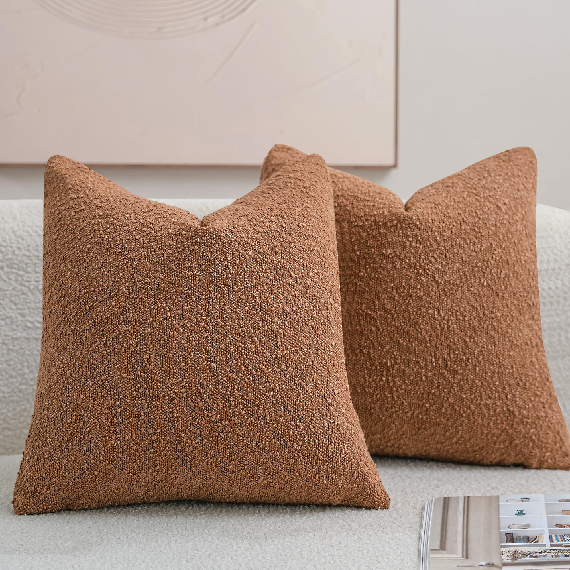 DEZENE Textured Boucle Throw Pillow Covers 18x18 Rust for Bed Couch Sofa Living Room, Pack of 2 S... | Amazon (US)