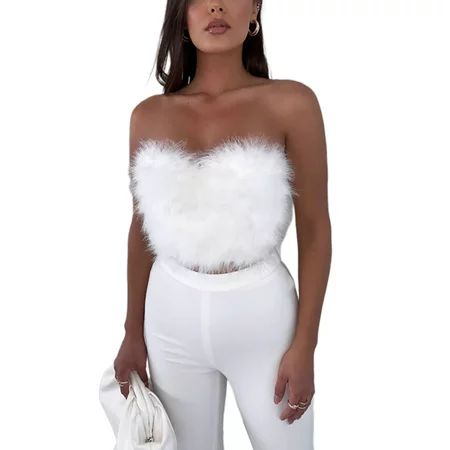 TheFound Women s Sexy Feather Tube Crop Top Strapless Faux Fur Corset Top Backless Furry Tank Top Ca | Walmart (US)