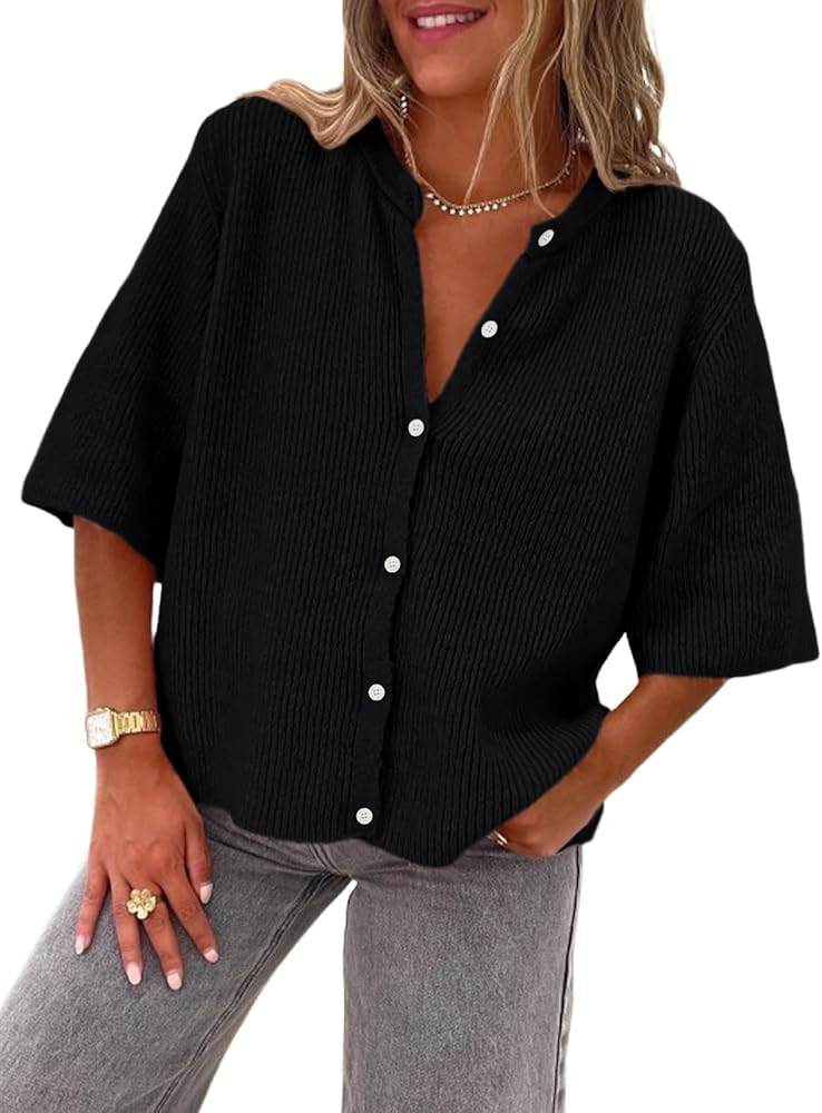 LILLUSORY Short Sleeve Cardigan Sweaters for Women 2025 Summer Cropped Button Up Sweater Tops Cas... | Amazon (US)