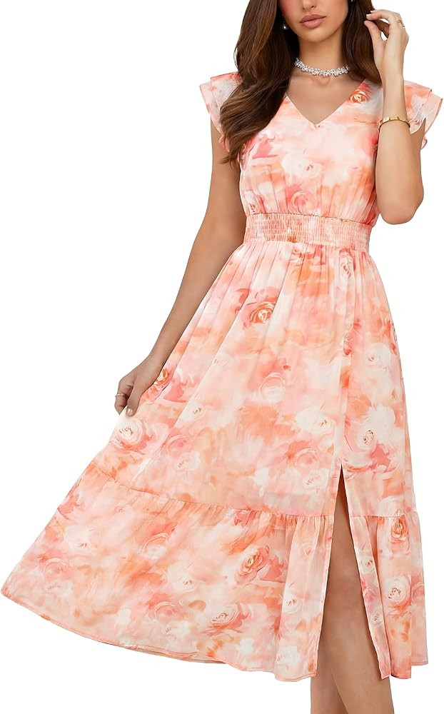 GRACE KARIN 2026 Womens Summer Dresses V Neck Ruffle Sleeve Floral Boho Beach Dress A-Line Swing ... | Amazon (US)