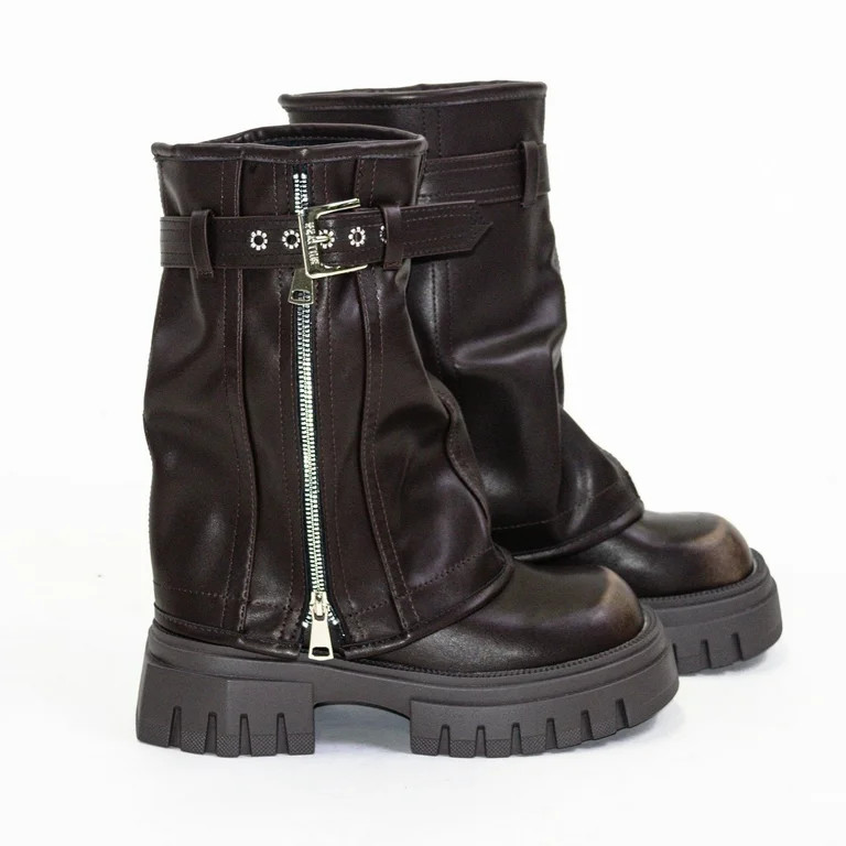 Elecsop Mid Calf Boots for Women Platform Fold Over Biker, Retro Belt Buckle Side Zip Leather Bro... | Walmart (US)