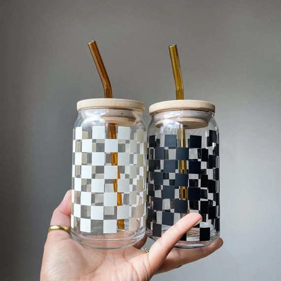 Checkers Glass Cup Beer Can Glass Aesthetic Glass Cup Iced | Etsy | Etsy (US)