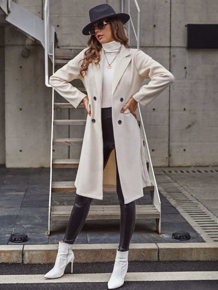 Double Breasted Lapel Collar Overcoat | SHEIN