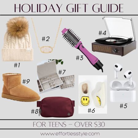 If you need some ideas for that "special" present for a teen girl on your list, check these ideas out!

#1 - Pom Beanie
#2 - Kendra Scott Pendant Necklace
#3 - Hair Dryer & Hot Air Brush
#4 - Record Player
#5 - Air Pods
#6 - Smiley Face Slippers
#7 - Stackable Jewelry Box
#8 - Lulu Lemon Belt Bag
#9 - Classic Mini Uggs

#LTKGiftGuide #LTKunder100 #LTKSeasonal