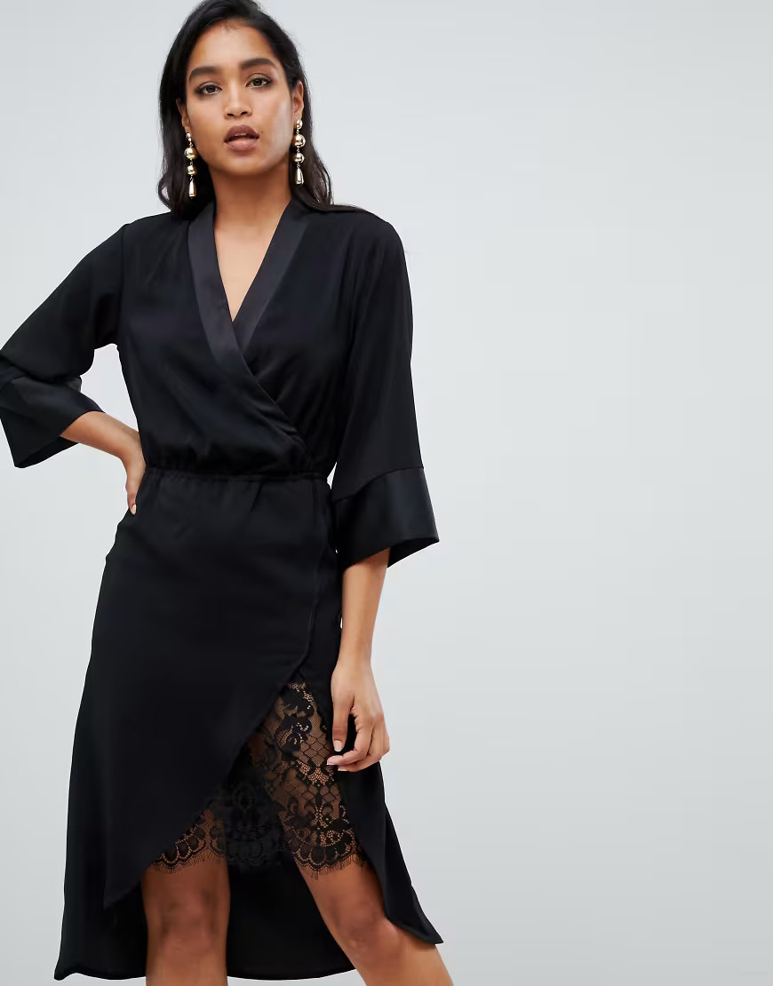 Vila tie waist lace detail midi dress in black | ASOS (Global)