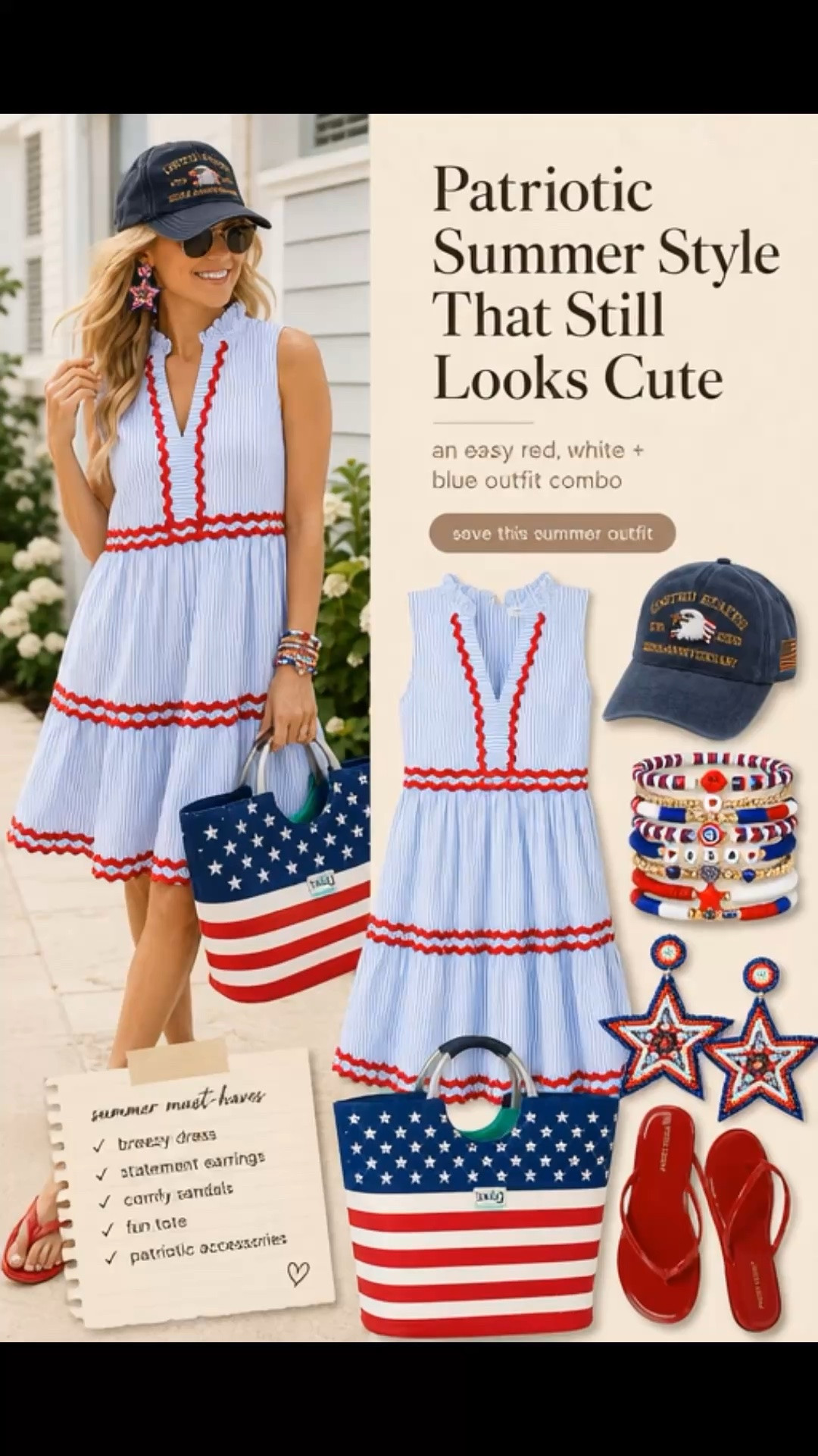 It’s not too late to get that cute perfect outfit for the Fourth of July and everything you see here I found on Amazon. 4th of july outfit, patriotic summer style, red white and blue aesthetic, preppy ric rac dress, american flag tote bag, beaded star earrings, casual summer dress, patriotic accessories, summer vacation look, vintage graphic baseball cap

#LTKootd
