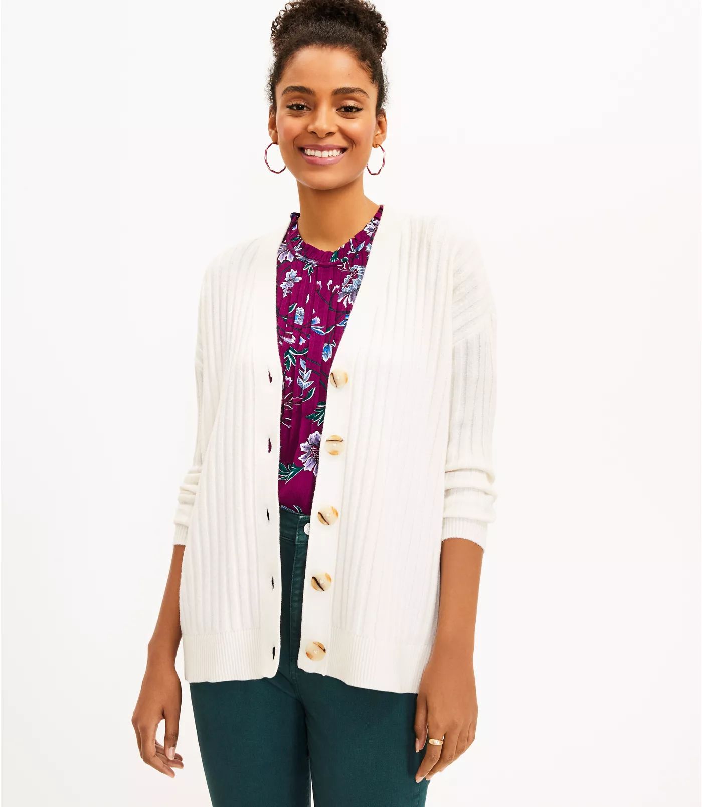 Ribbed Relaxed V-Neck Cardigan | LOFT