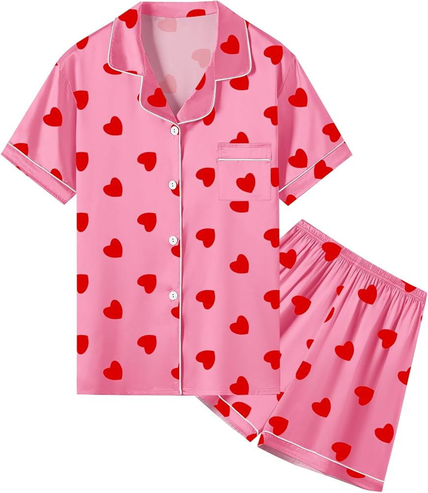 Umeyda Women & Girls Pajamas Set, Soft Satin Lightweight Silk Button-Down Top with Shorts 2 Piece... | Amazon (US)