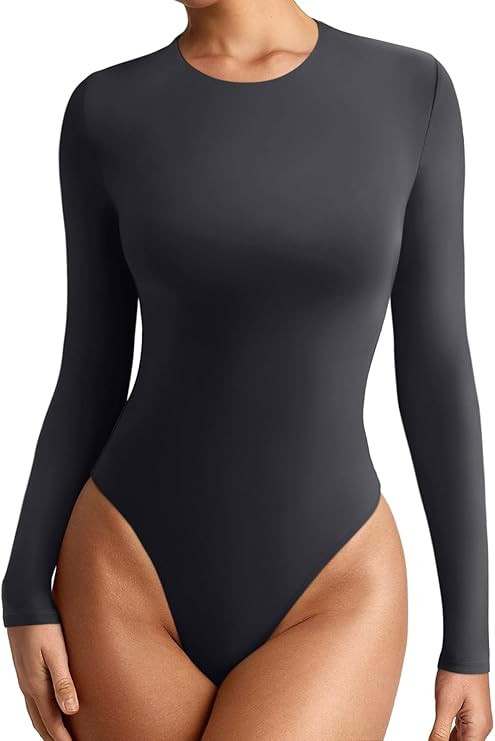 REORIA Women's Crew Neck Long Sleeve Bodysuits Basic Slim Fit Comfy Lightweight Layering Top Fall... | Amazon (US)