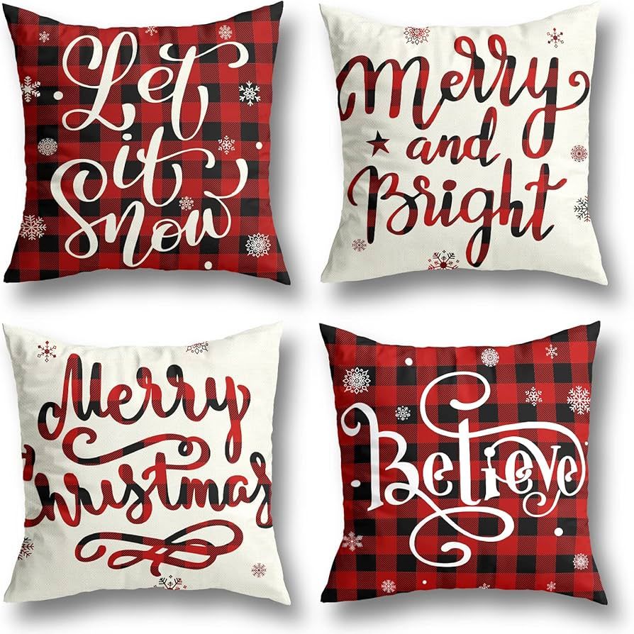 Christmas Decorations Christmas Pillow Covers 18x18 Inches Set of 4 Farmhouse Buffalo Plaid Black... | Amazon (US)